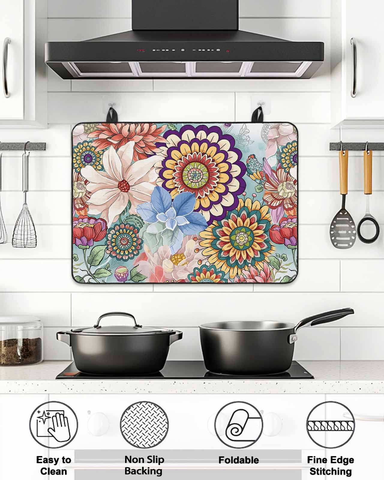 Stove Top Covers for Electric Stove, Boho Floral Glass Stovetop Cover Protector, Bohemia Colorful Mandalas Botanical Flower Induction Cooktop Protector Oven Mat for Kitchen Countertop 24"x21"