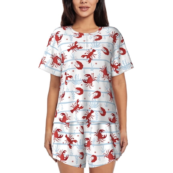 Logiee Cartoon Lobsters Print Womens Pajamas Set,Short-Sleeve Pajama 2 Piece Sleepwear with Pockets-Small