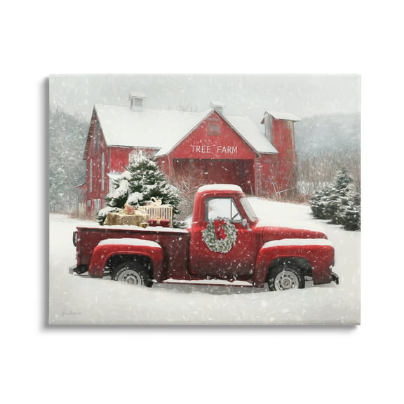 Tree Farm Red Truck Wintery Snow Flurries Transportation Painting Gallery-Wrapped Canvas Print Wall Art