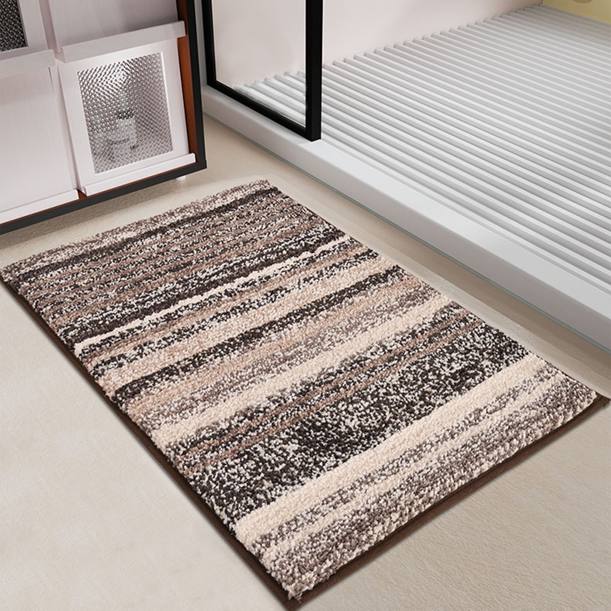 Unique Bargains Striped Bathroom Mat Soft Non-Slip Quick Dry Bath Rugs Brown 16" x 24"