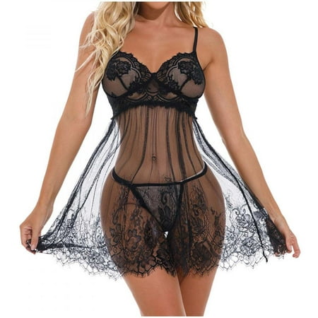 

Homadles Lingerie for Women- Mesh Sexy Halter 2 Piece Nightwear Soft Lingerie Sets Black S