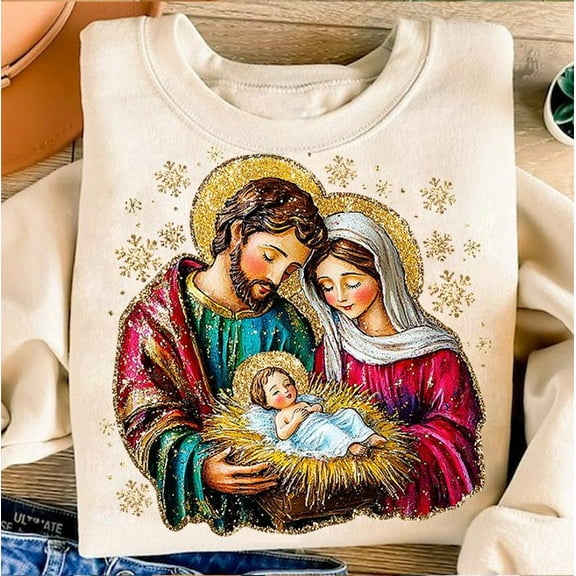 Nativity Scene Glitter Sweater, Christian Baby Jesus Bible Verse Sparkle Coquette Christmas Sweatshirt