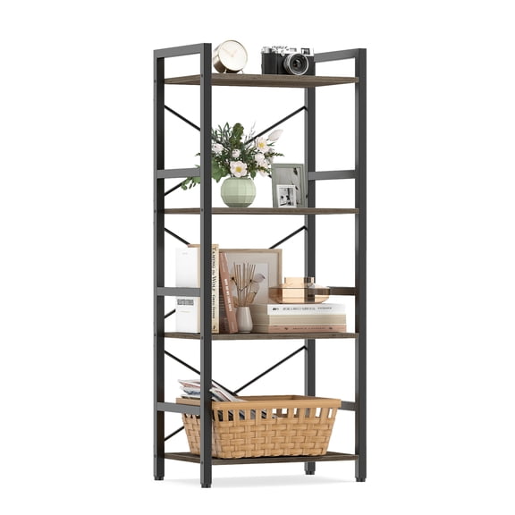 Costway 4-Tier Bookshelf with Metal Frame & Wooden Storage Racks for Living Room, Study Grey Oak Black