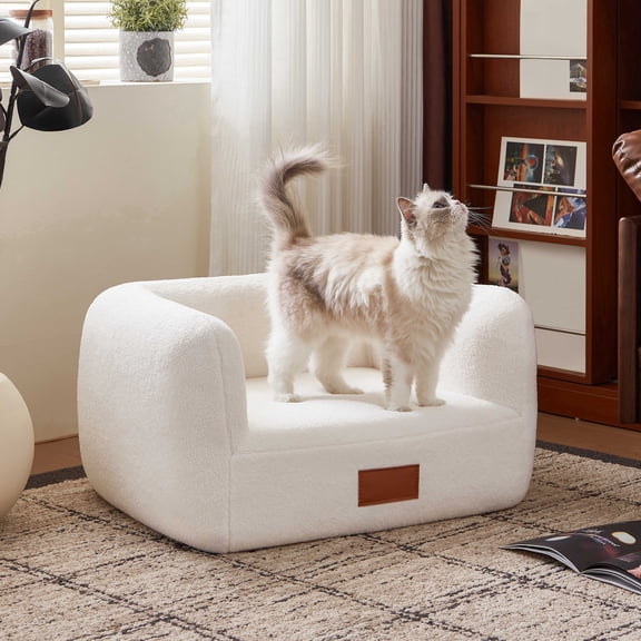 ATJafurn 25.6''W White Faux Shearling Dog Bed for Medium Pets under 35lbs, Indoor Pet Bed Furniture Style Orthopedic Elevated Dog Sofa Couch
