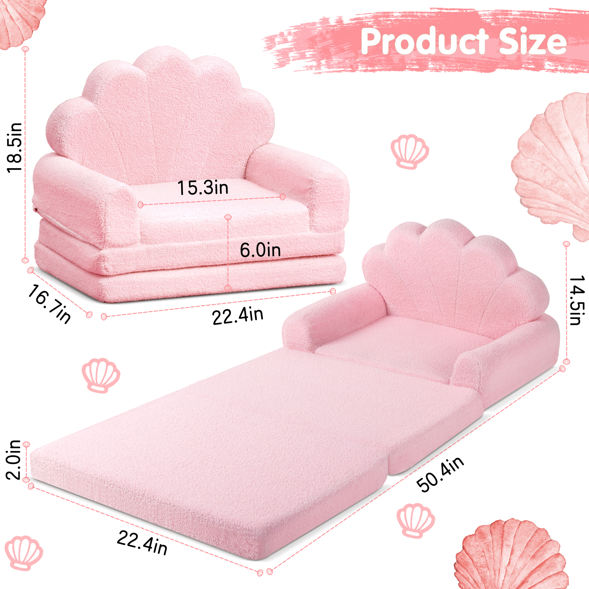 spanspace Kids Chairs for Toddler,Flip-Out 2-in-1 Convertible Chair to Lounger for Girls and Boys, Teddy Fleece Fabric, Pink