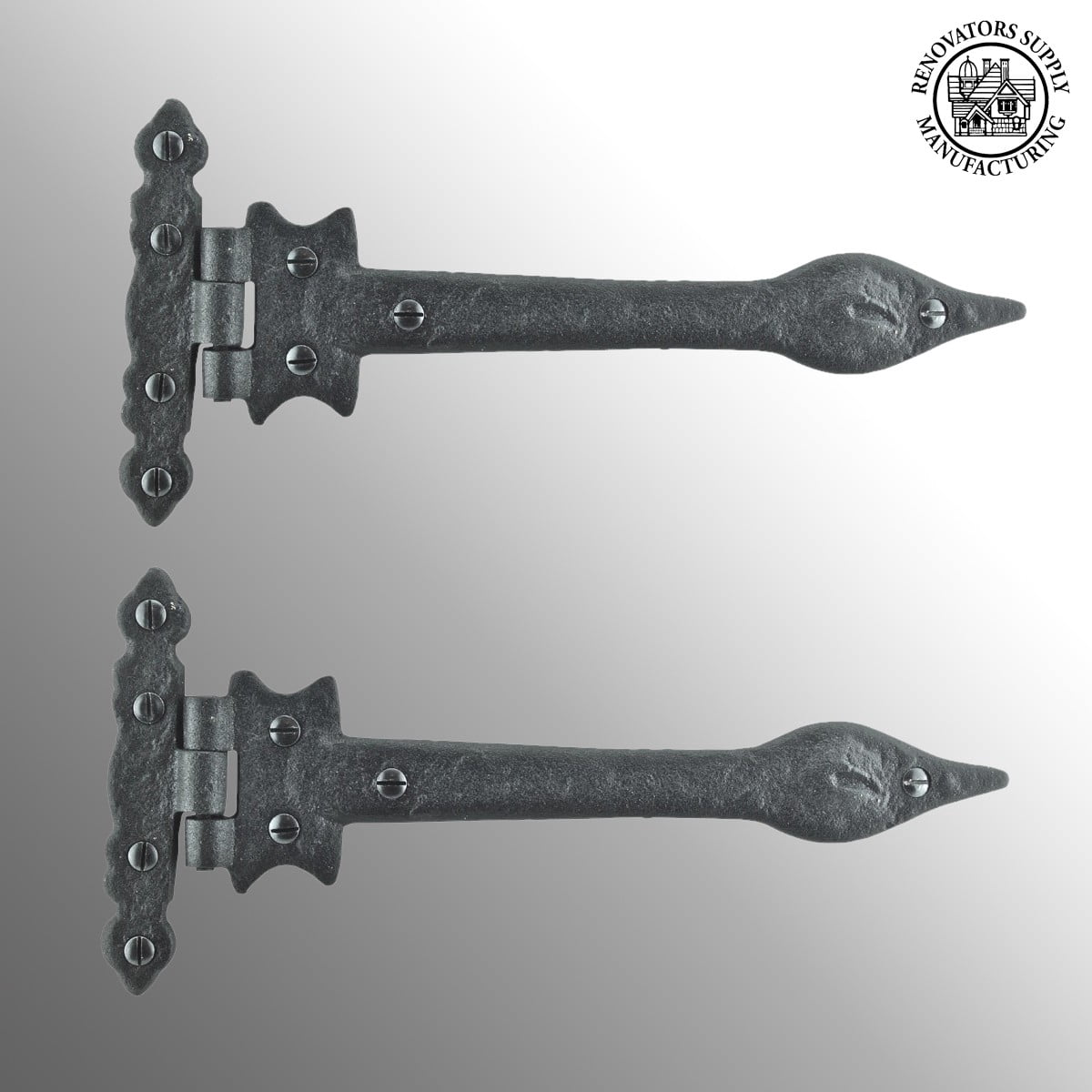 Renovators Supply Black Wrought Iron Strap Hinge 9" Spear Tip Flush Mount Heavy Duty Strap Gate and Door Hinges w/Hardware Pack of 2