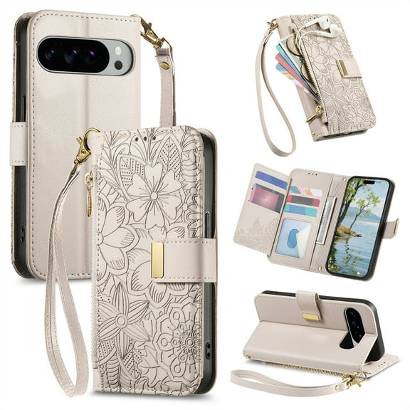 Floral Embossed Zipper Wallet Case for Google Pixel 10 Pro XL, Soft TPU and PU Leather with Shoulder Strap & Wrist Strap & Card Slots & Kickstand & Magnetic Clasp, Shockproof Rugged Case Cover, Beige