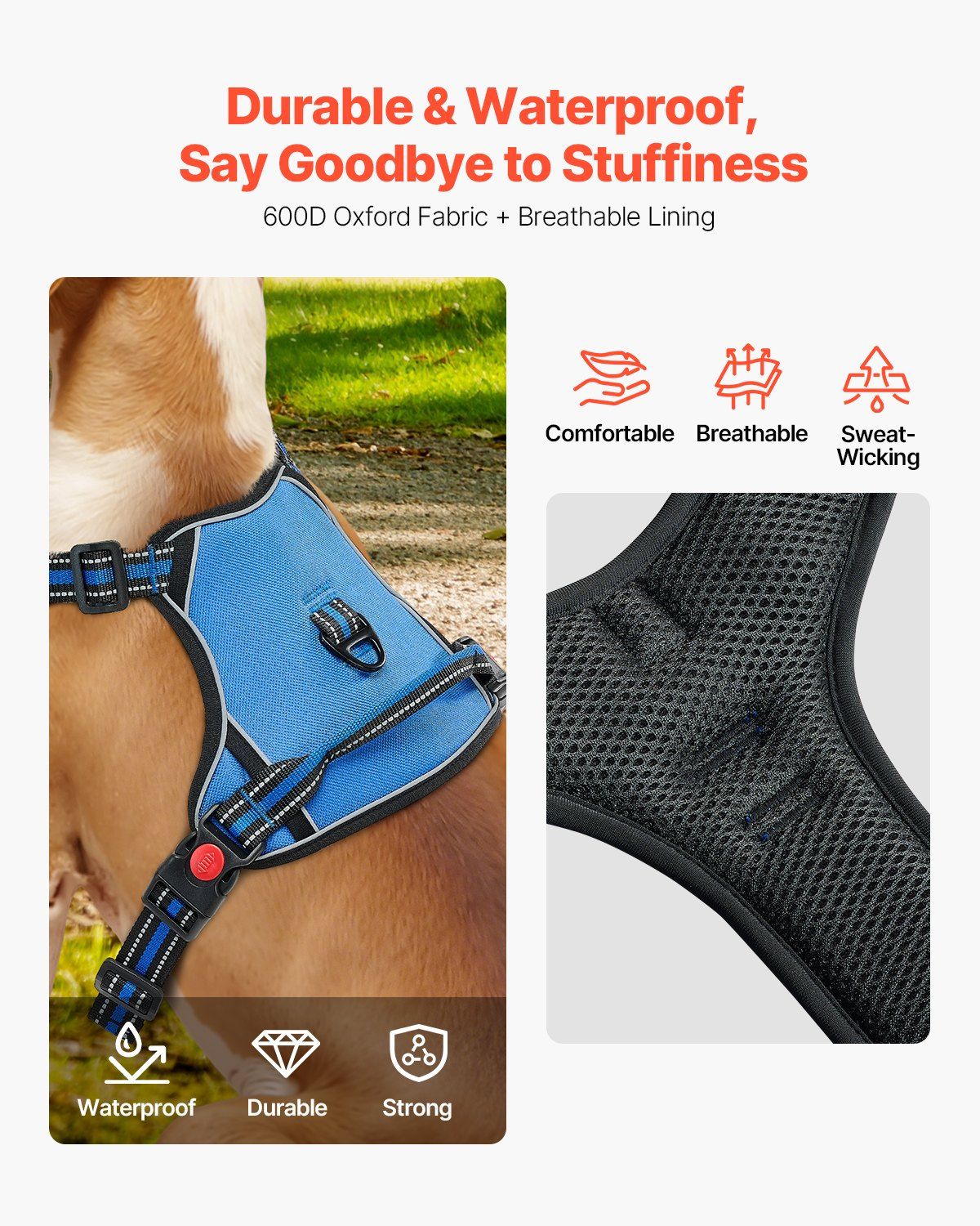 Large Dog Harness No Pull Adjustable Pet Vest with 5ft Leash Handle Metal Rings Buckles Reflective Stitching 600D Oxford Fabric for Training Walking Hiking
