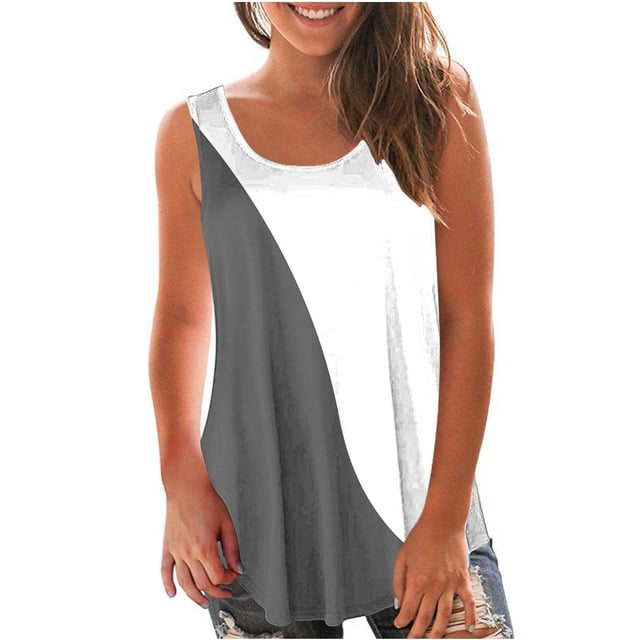 Womens Fashion Printing Round-Neck Loose Sleeveless T-Shirt Pullover