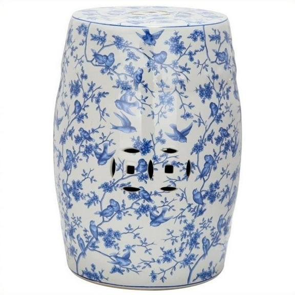 Pemberly Row Ceramic Blue Birds Garden Stool with Blue Pattern