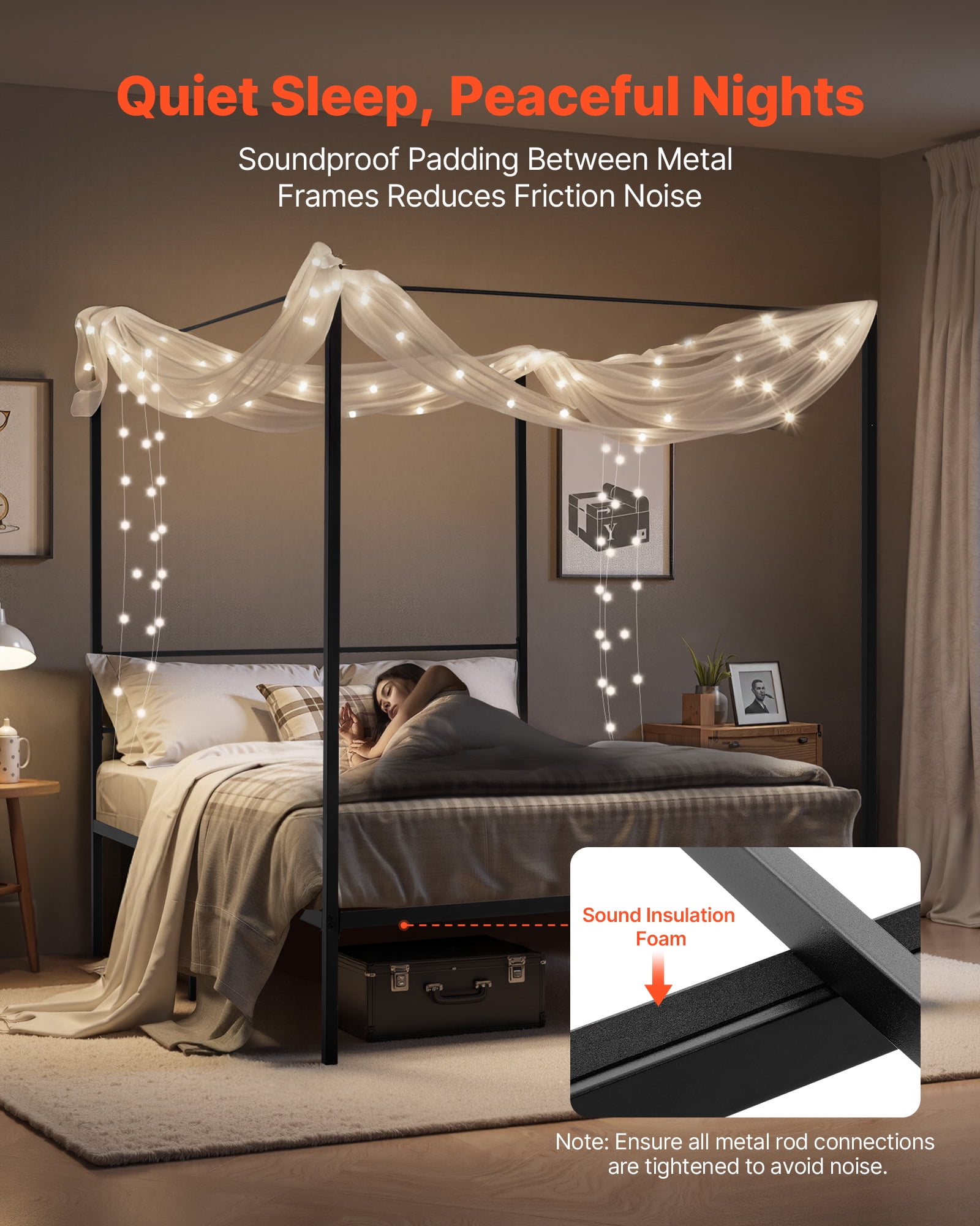 VEVOR Queen Size Canopy Bed Frame, Metal Canopy Bed with Four Posters Design, Heavy Duty Steel Slats Support, Underbed Storage Space, No Box Spring Needed, Easy Assembly, Black