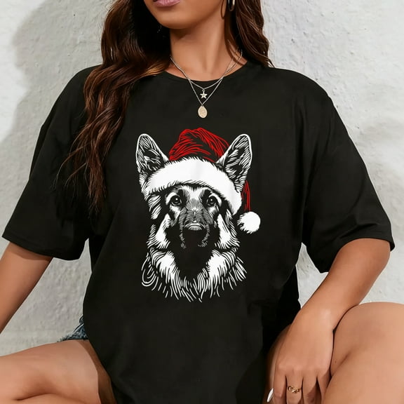 100% Cotton German Shepherd Santa Hat Christmas Xmas Pajama Women Mom T-Shirt