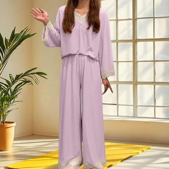 Censtreet Womens 2 Pack Pajama Set Long Sleeve Pajamas Top and Pants V Neck Pjs Set Soft Sleepwear Loungewear