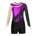 thumbnail image 3 of HULIJA Kids Girls Dance Outfits 2-Piece Rhinestones Shiny Metallic Mesh Patchwork Gymnastics Leotard Purple&Black 12, 3 of 7