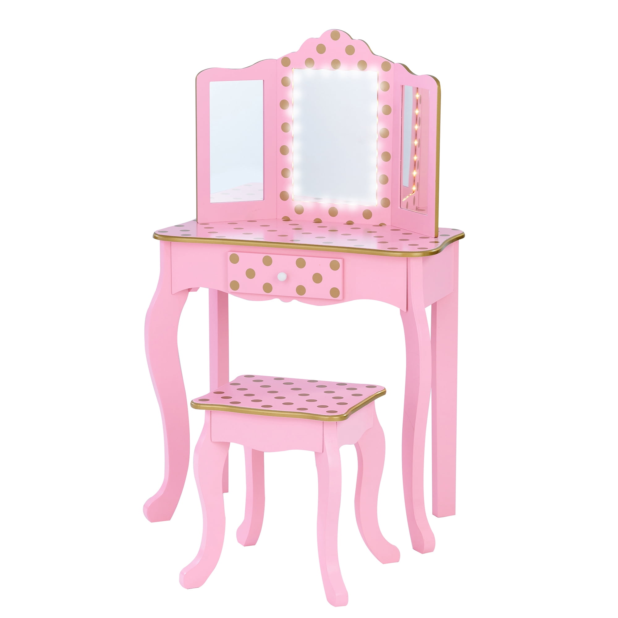 Teamson Kids Fashion Polka Dot Prints Gisele Play Vanity Set with LED