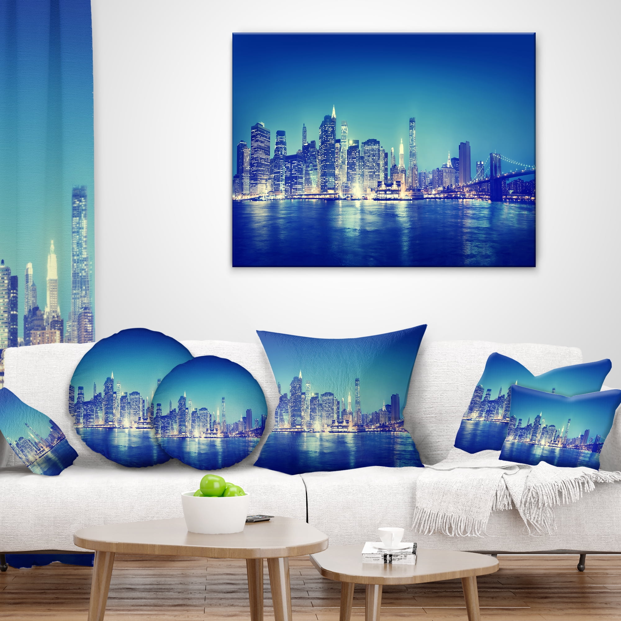 Designart Blue New York City at Night Panorama - Cityscape Throw Pillow - 16x16