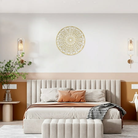 

Wood Wall Decor Round Shape Hollow Carving Modern Arts for Living Room Bedroom