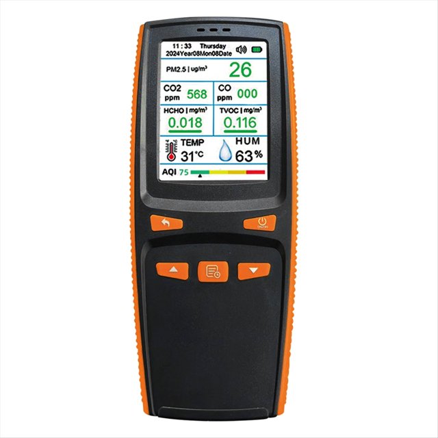 Monitor de Calidad del Aire 9 en 1: CO/CO2/PM2.5/HCHO/TVOC con Almacenamiento de Datos y Soporte para Descarga.