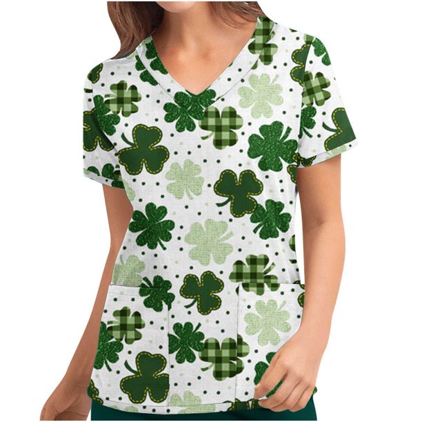Fiudx Tops para Mujer Blusa de Manga Corta con Cuello En V para Mujer, Blusa con Bolsillos Estampados para El Día de San Patricio, Enfermería