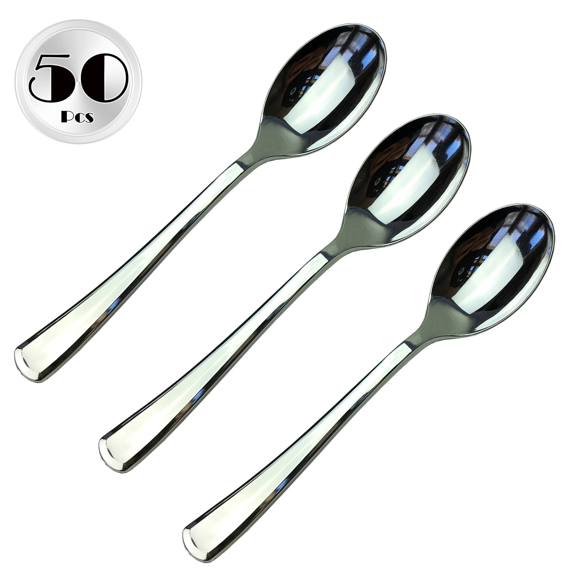 JL Prime 50 Piece Silver Plastic Spoons Bulk Set, Silver Plastic