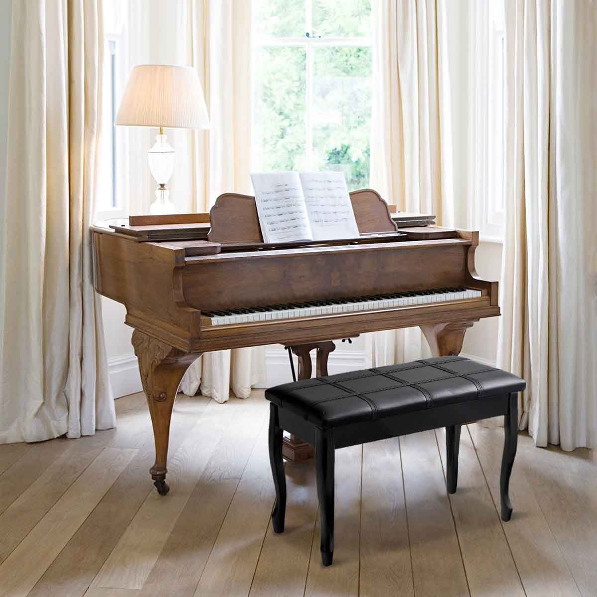 Topbuy PU Leather Piano Bench Solid Wood Padded Double Duet Keyboard Seat w/ Storage Box Black