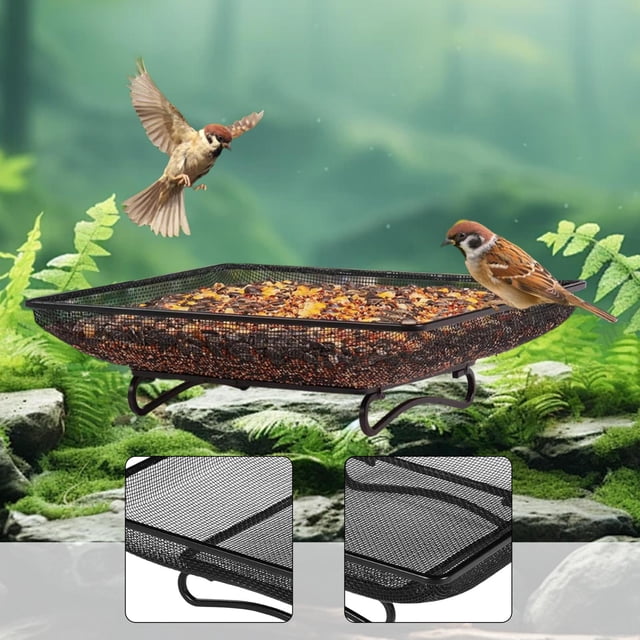 Comedero para pájaros en el suelo, bandeja elevada para semillas, cuadrada de malla metálica, soporte para semillas, para ardillas, cuervos