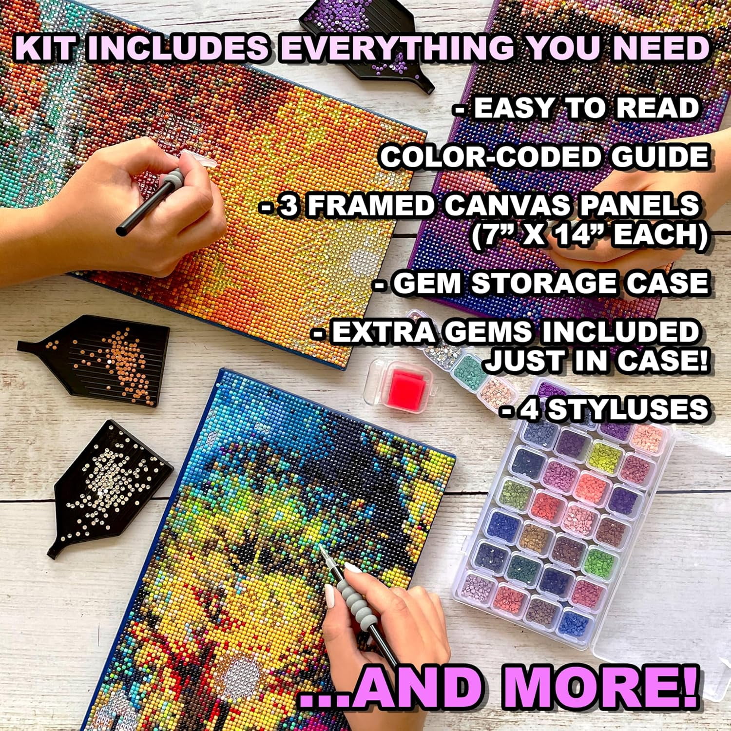 ArtSkills Diamond Painting Kit, Diamond Art Ready to Hang Framed Canvas with Storage and Accessory Kit, Enchanted Butterflies, 3 Stretched Canvas Panels, 14” x 7” Each