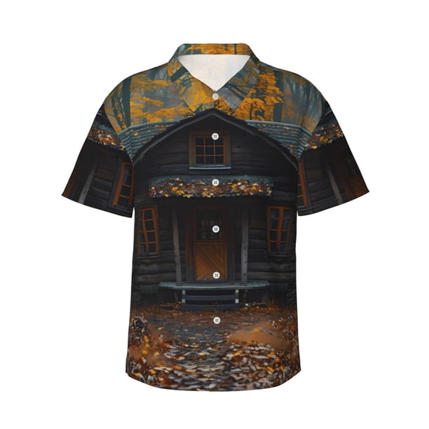 Balery Rustic Cabin Autumn Forest Camisas hawaianas de manga corta para hombre, camisas playeras de corte holgado, camisas de vacaciones con botones,Medium