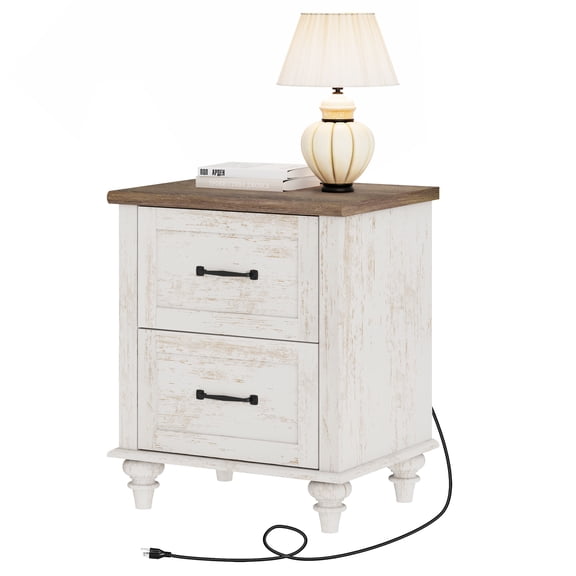 Antique White Side Table with 2 Drawers, Rustic End Table with Charging Station, Wooden Nightstand for Bedroom, Living Room