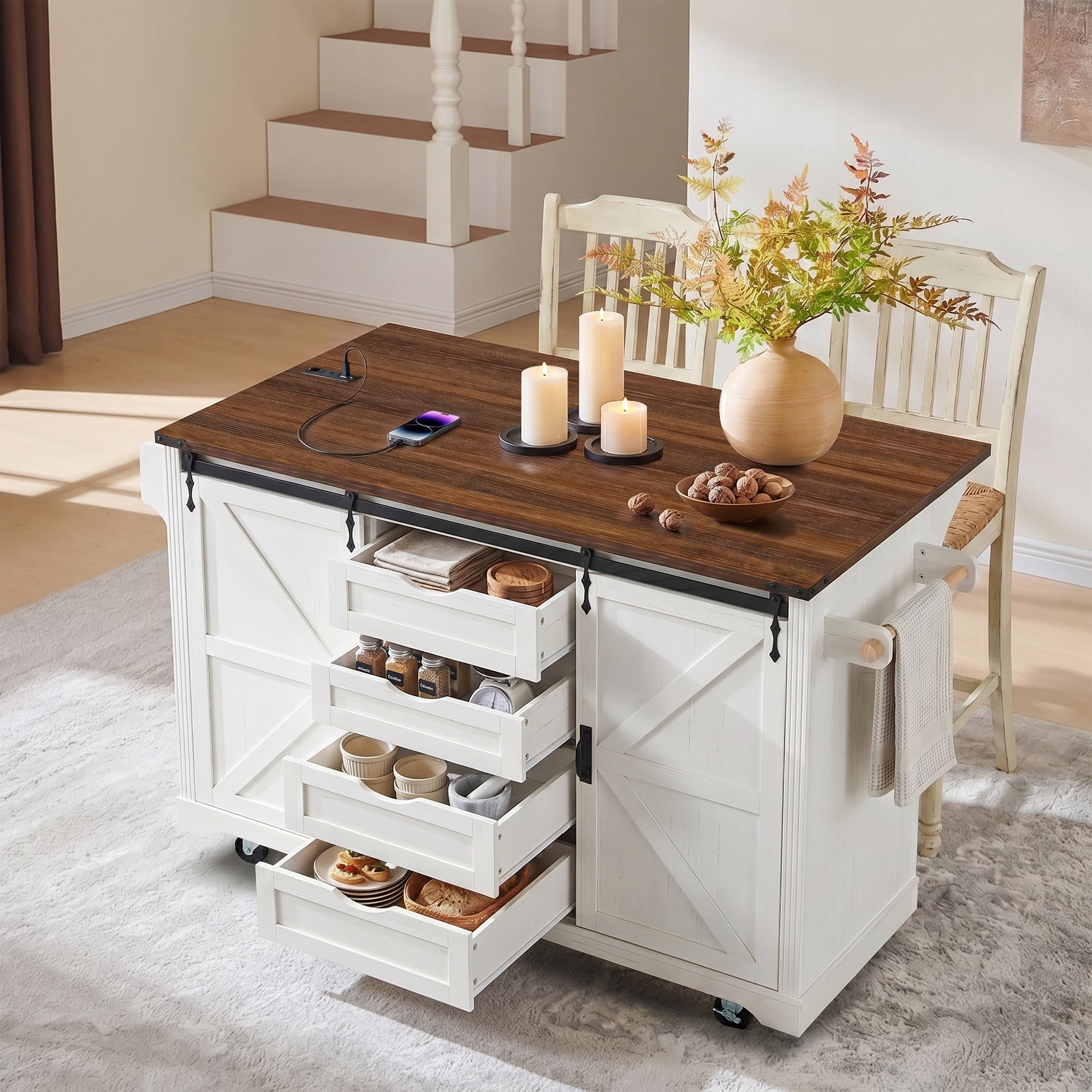 Euroco Kitchen Island on Wheels with Storage,Coffee Bar Cabinet with Fridge Space,Power Outlet,4 Drawers,Glass Holder & Drop Leaf,Rolling Island Kitchen Table for Dining Room,White