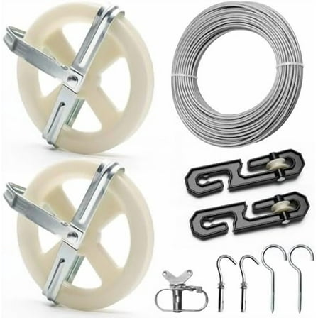 Outdoor Clothesline Kit, Clothesline Pulley Kit Include 150FT Clothes Line/ 2 Pulley/ 2 Separator Spreader/Tightener/ 4 Hooks for Outdoor Clothes