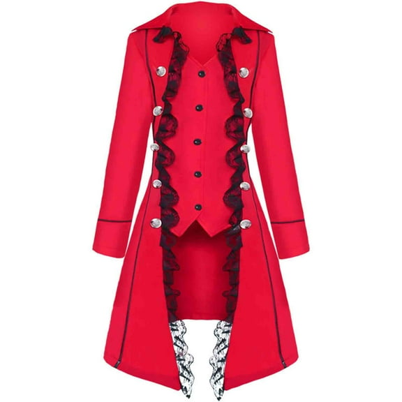 Womens Vintage Long Coat Lace Trim Gothic Punk Tuxedo Jacket Buttons Fashion Dress Suit Jacket Party Outwear