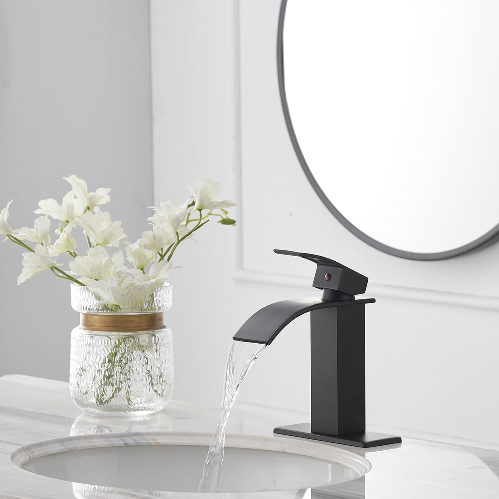 BWE Matte Black Bathroom Faucet Modern Waterfall Single Hole Faucet for Bathroom Sink Single Handle with Pop Up Drain with Overflow Assembly and Supply Line Lavatory Bath Faucet