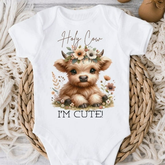 Holy Cow I'M Cute Baby Bodysuit, Newborn Baby Girl Shower Gift, Farm Baby Highland Heifer, New To The Farm, Loves Cows Cute Baby Onesie, BABY BODYSUIT LAT 4424