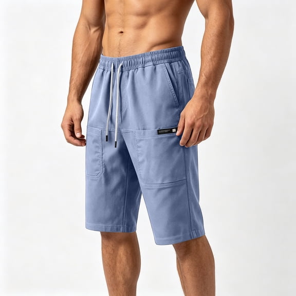 Ceisia Men's Casual Cargo Shorts Elastic Waist Drawstring With Multi Pockets Quick Dry Solid Color Work Shorts Blue XL Gift