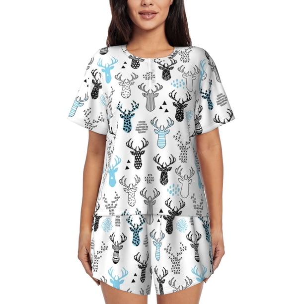 Fotbe Winter Art Blue and Black Moose Conjunto de Pijama Estampado para Mujer, 2 Piezas, Ropa de Dormir con Camiseta de Manga Corta y Shorts Suaves-Small