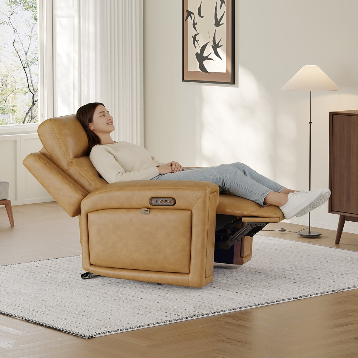 COLAMY Electric Power Recliner Chair with Triple Motor, Adjustable Power Headrest and Lumbar Support, Heavy Duty Home Theater Seating with LED, USB Type-C Ports, Storage, Light Brown