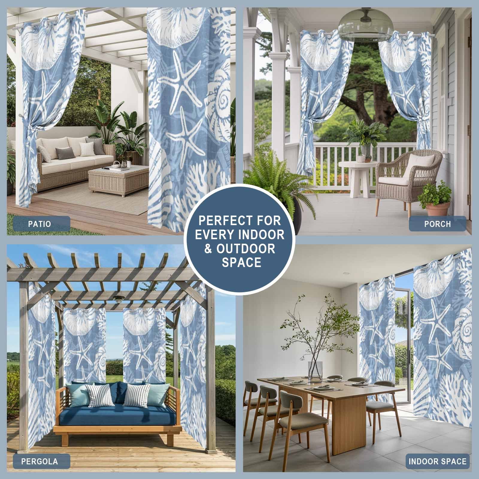 Blue Ocean Life Outdoor Curtains for Patio, Coastal Starfish Nautical Shell Conch Coral Sunshade Privacy Drapes Grommet Waterproof Outside Curtains for Porch/Cabana/Balcony 54"x 108", 1 Panel