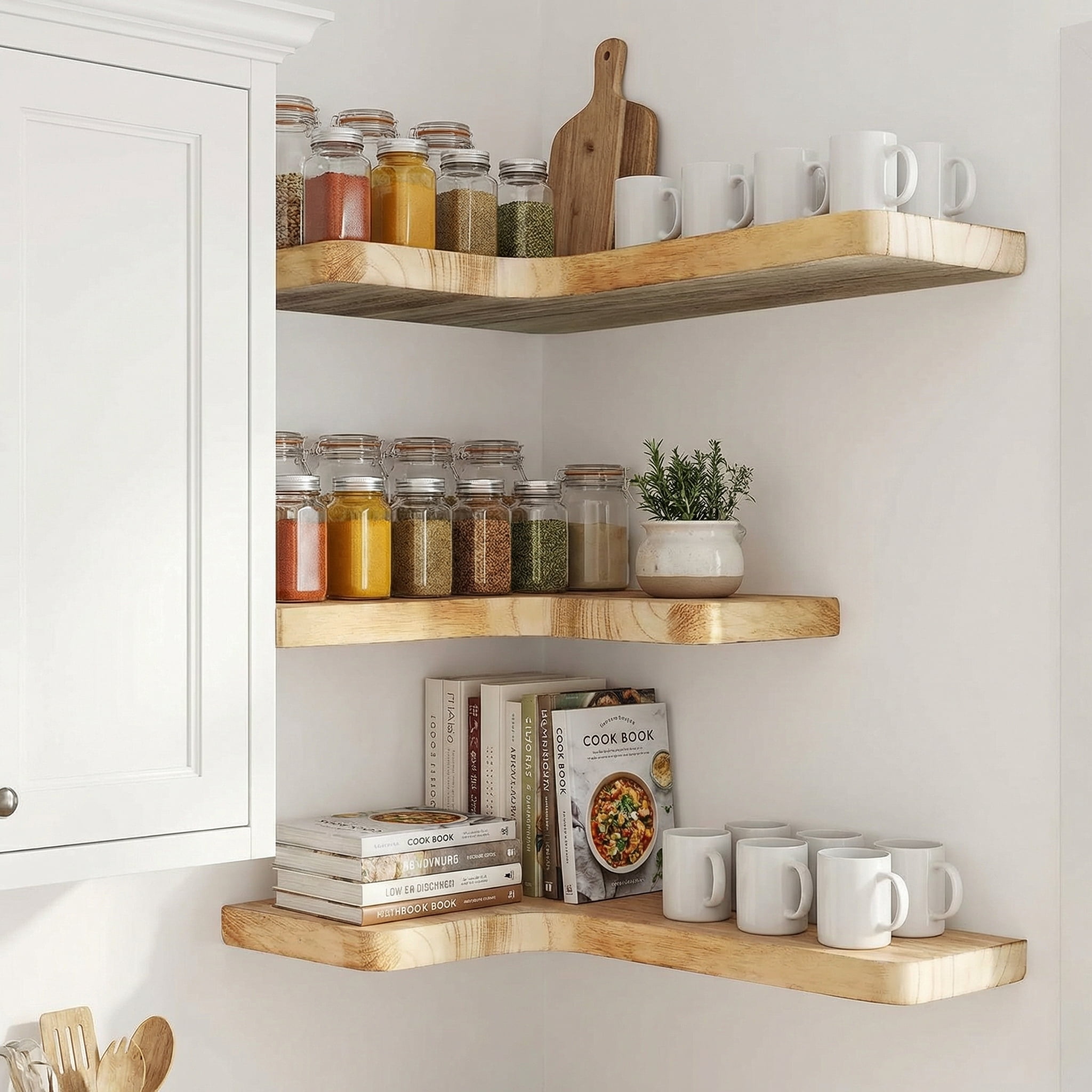 Floating Corner Shelves Set of 3, Solid Wood Picture Wall Shelf, Floating Shelves for Storage for Bedroom Kitchen Bathroom Living Room (Light Burnt)