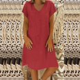 thumbnail image 2 of Robes pour Femmes Liquidation Femmes Manches Courtes Col en V Décontracté Chaud Vacances Couleur Unie Mini Robe Droite Coton Lin Robe T-Shirt Printemps Été Robes pour Femmes, 2 of 5