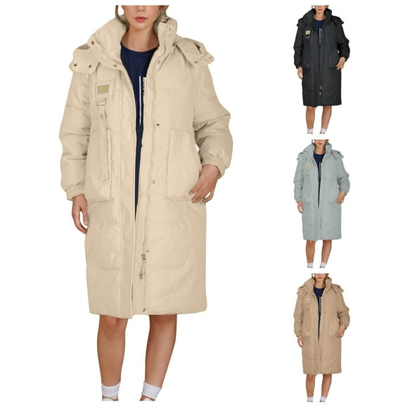 Jinhomg Long Down Jacket for Women Fall Winter Warm Double Closure Hooded Coat Heavyweight Comfy Long Sleeve Puffer Jacket with Pockets Lighten Black XXL