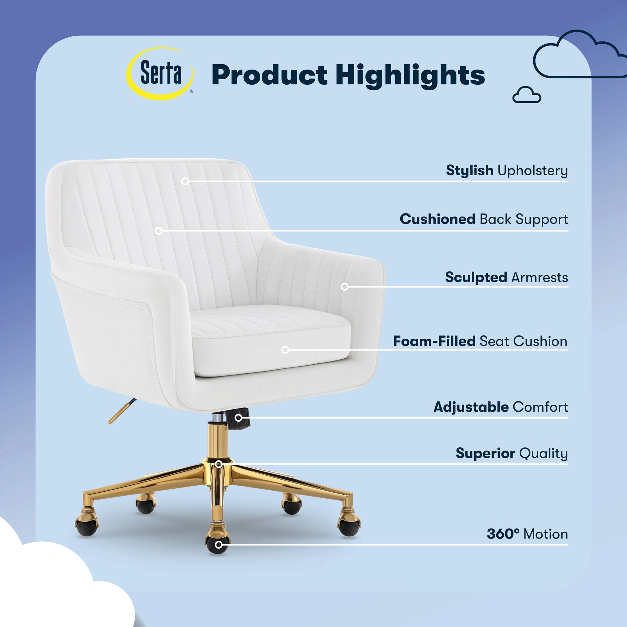Serta Ashleigh Modern Office Chair Channel-Tufted Design White Velvet Fabric