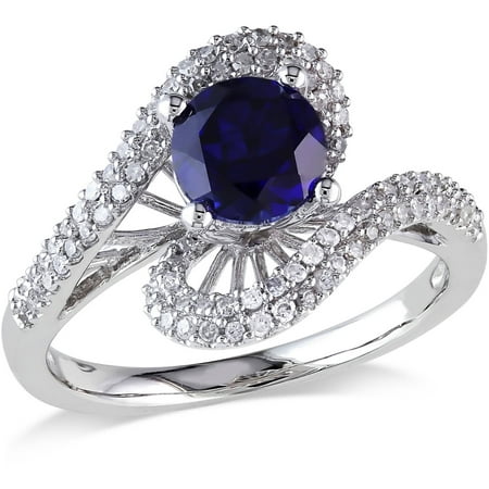 Tangelo 1 Carat T.G.W. Created Blue Sapphire and 1/3 Carat T.W. Diamond 10kt White Gold Bypass Ring