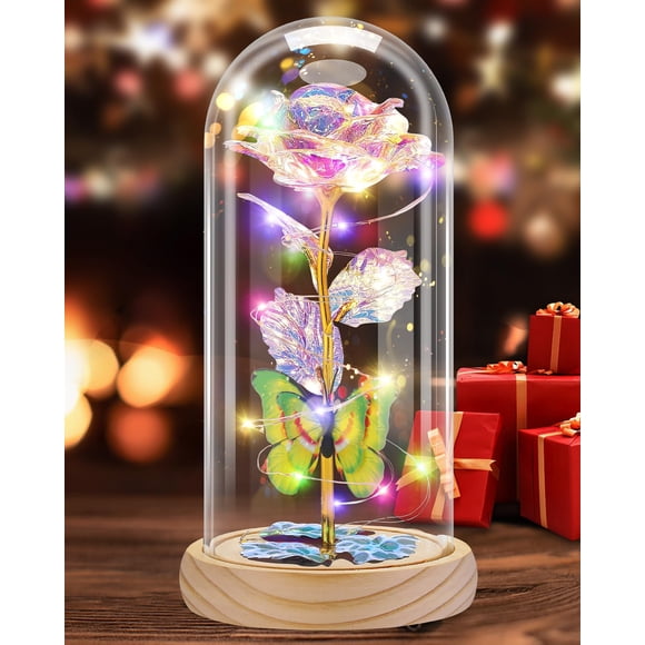 Otlonpe de rosa de cristal con luz LED en cúpula de cristal