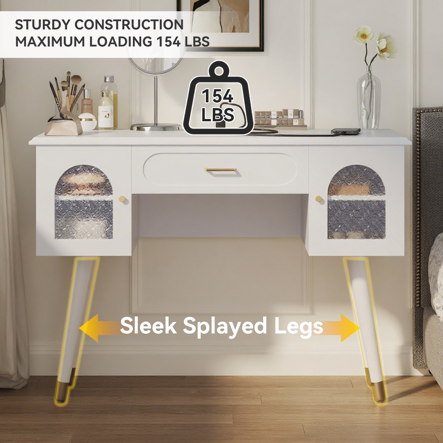 Makeup Vanity Table and Stool Set, Dressing Desk with Charging Station, Storage Cabinet, and Glass Door, Writing Desk with Outlets for Bedroom, White Finish