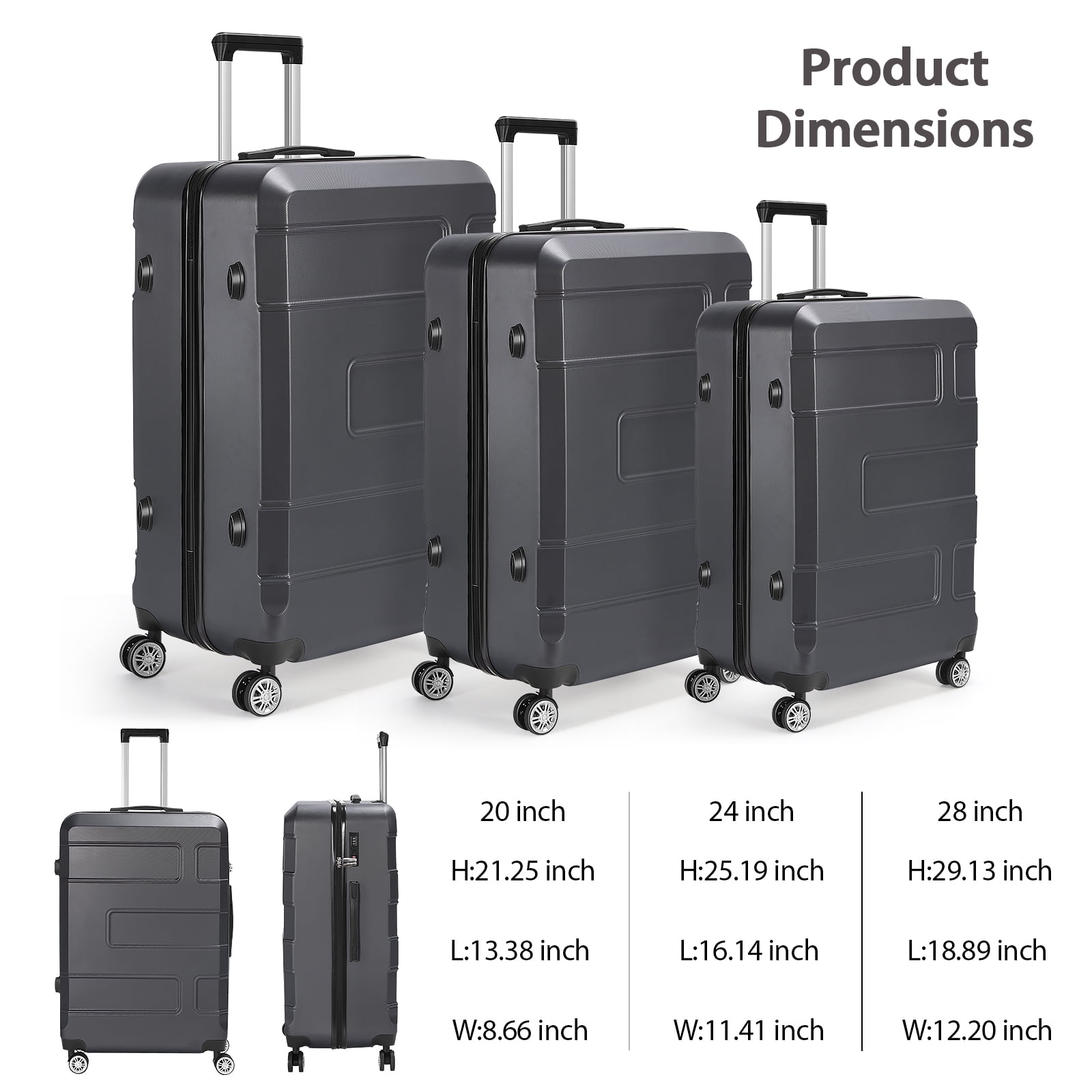 Luggage 3-Piecesv set Spinner Wheels TSA Lock For Travel Gray 20"24"28"