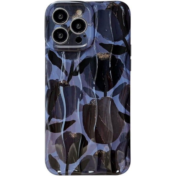 Cool Black Tulip Flowers Water Ripple Soft Phone Case Compatible with iPhone Case (Blue,iPhone 15 Pro)