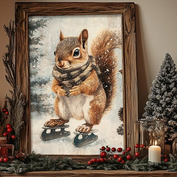 DOPAPRINT Winter Squirrel Print, Cute Woodland Animals, Squirrel Painting Print, Vintage Decor, Rustic Metal Farmhouse Wall Art, Modern Wall Decor NO FRAMED POSTER, Wall Art