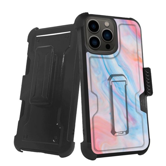 ANJ Rugged Shockproof Holster Case w/Card Slot, Kickstand Tempered Glass for iPhone 13 Pro (6.1") - Pastel Marbling