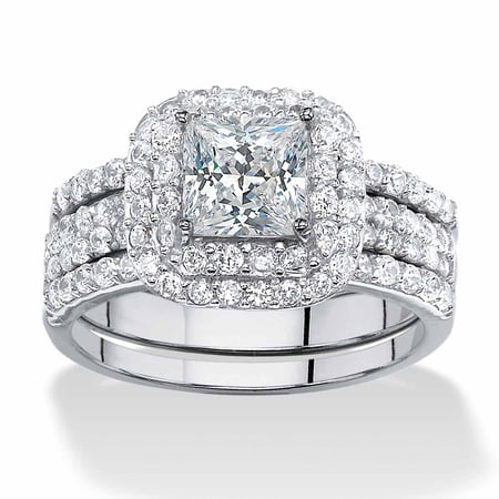2.37 TCW Princess-Cut Cubic Zirconia Three-Piece Bridal Set in Platinum-plated